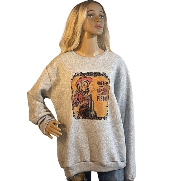 Hotter Than a $2 Pistol Retro Cowgirl Heather Gray Crewneck Sweatshirt - Picture 2 of 9